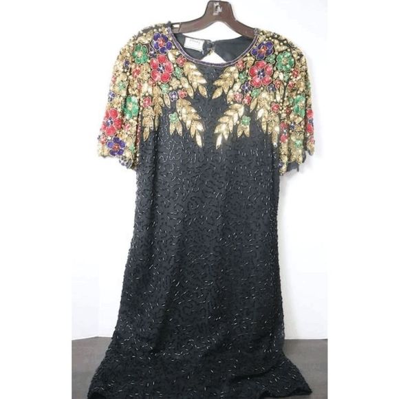 STENAY 🐾 Vintage Silk Bead Sequin Pearls Dress Black Floral Leaf Gold Metallic - Picture 3 of 6